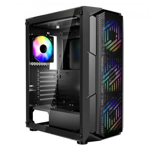 PC-spelchassi, mid-tower, datorchassi med högluftsflödespanel i härdat glas, dammfilter, 4 x 120 mm ARGB-fläktar, enkel kabelhantering, för GPU upp till 320 mm i längd, för ATX / M-ATX / ITX