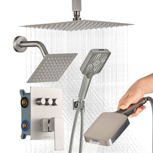 Shower Faucet Set, 305 mm Ceiling Mount Rainfall Shower System with 152 mm Wall Mount Head and 4 in 1 Handheld Spray, Rotatable 3-Function Dual Rain Head Brass Valve & Trim Kit, Brushed Nickel