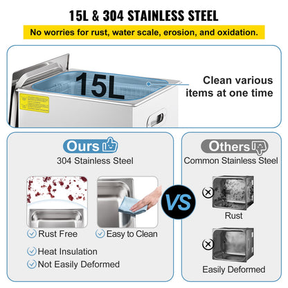 Ultraljudsrengöring, 36KHz~40KHz justerbar frekvens, 15L 220V, ultraljudsrengöringsmaskin med digital timer och värmare, laboratoriesonicrengöring för smycken, klocka, glasögon, mynt, FCC/CE/RoHS-lista