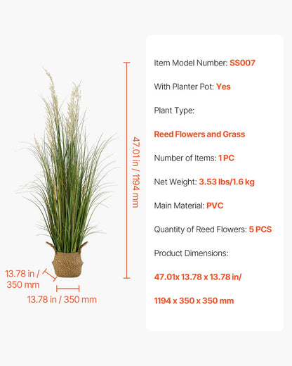 Artificial Grass Plant, 1194mm Reed Flower Grass in Pot, Premium PVC Faux Fake Greenery Shrubs Plant for Indoor Outdoor House Home Garden Office Room Décor, Housewarming, 1 Pack Green