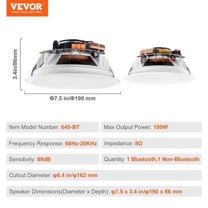 2 PCs 6.5"/16.5 cm Bluetooth Ceiling Speakers 150W Flush Mount in-Wall Speaker