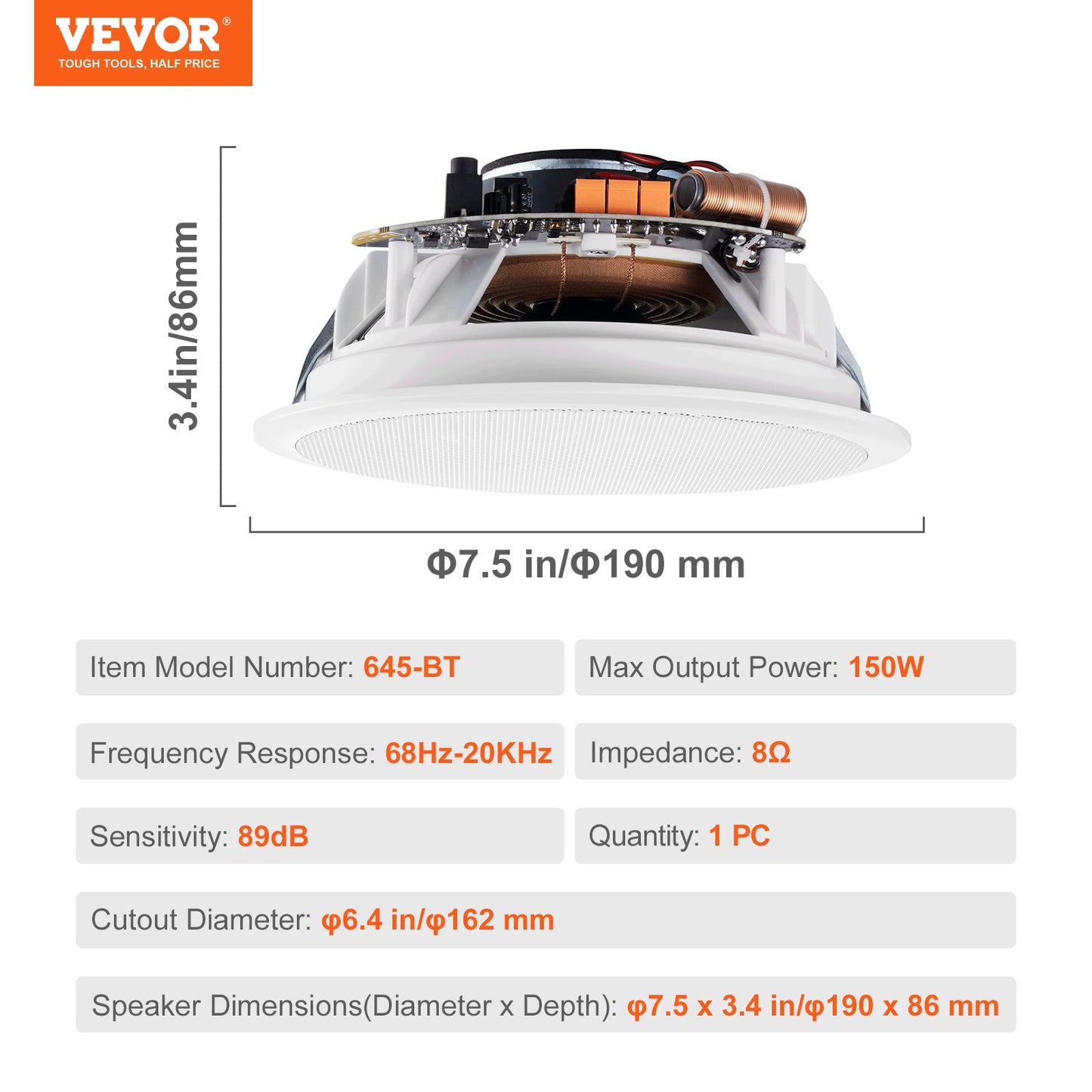 6,5" Bluetooth-takhögtalare, 150 W, infällda tak- och vägghögtalarsystem med 8Ω impedans 89 dB känslighet, för kök, vardagsrum, sovrum eller täckta verandor, enkel