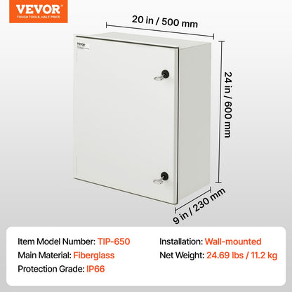 NEMA Steel Enclosure, 60x50x23 cm NEMA 4X Fiberglass Electrical Box, IP66 Waterproof & Dustproof, Outdoor/Indoor Electrical Junction Box, with Mounting Plate