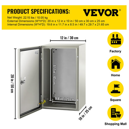 NEMA Steel Enclosure, 50.8 x 30.5 x 25.4cm NEMA 4X Steel Electrical Box, IP66 Waterproof & Dustproof, Outdoor/Indoor Electrical Junction Box, with Mounting Plate