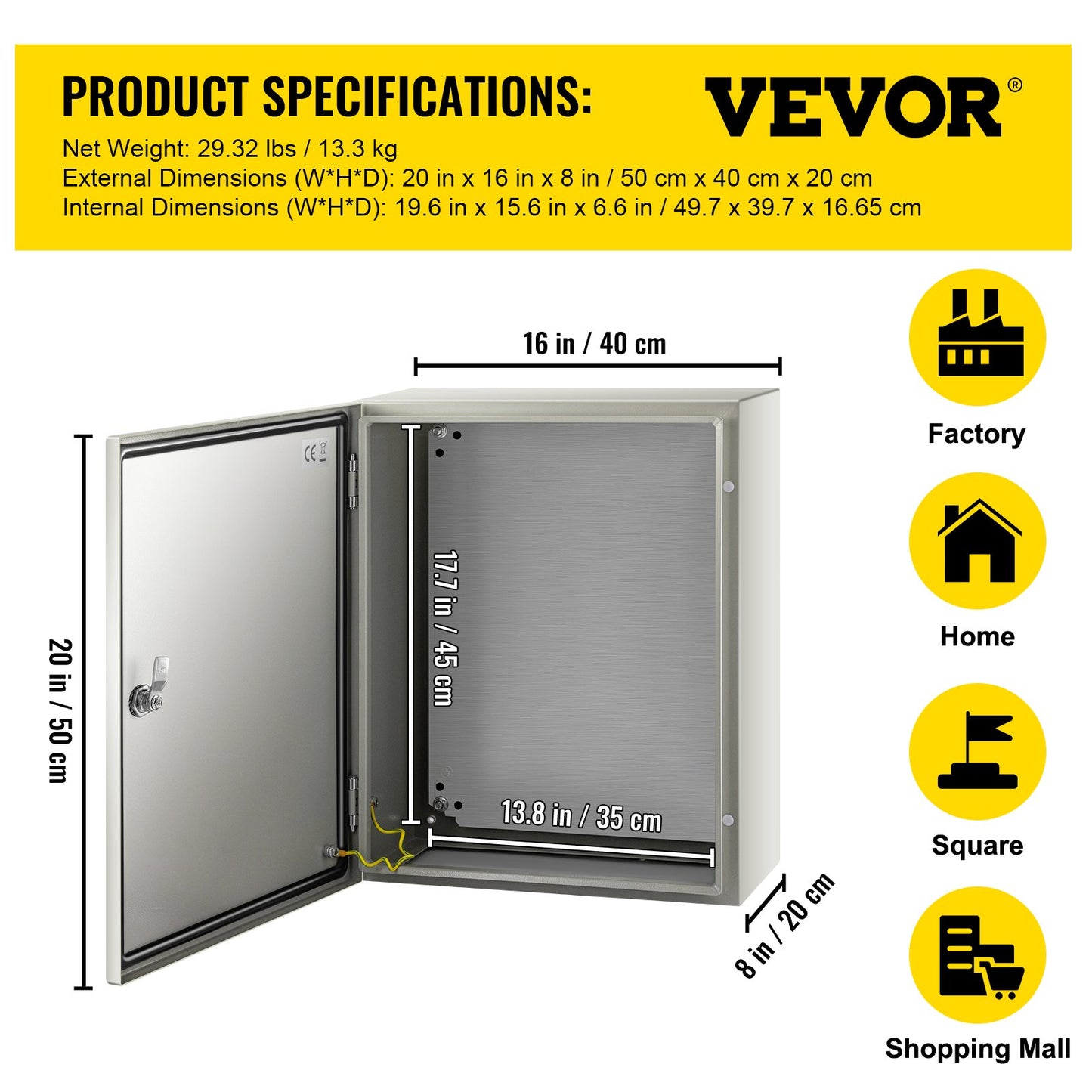 NEMA Steel Enclosure, 50x40x20 cm NEMA 4X Steel Electrical Box, IP66 Waterproof & Dustproof, Outdoor/Indoor Electrical Junction Box, with Mounting Plate