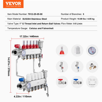 5-Branch Radiant Heat Manifold, 1/2" PEX Tubing Manifold, Stainless Steel PEX Manifold for Hydronic Radiant Floor Heating, Radiant Heat PEX Manifold Kit with 1/2" Adapters Included