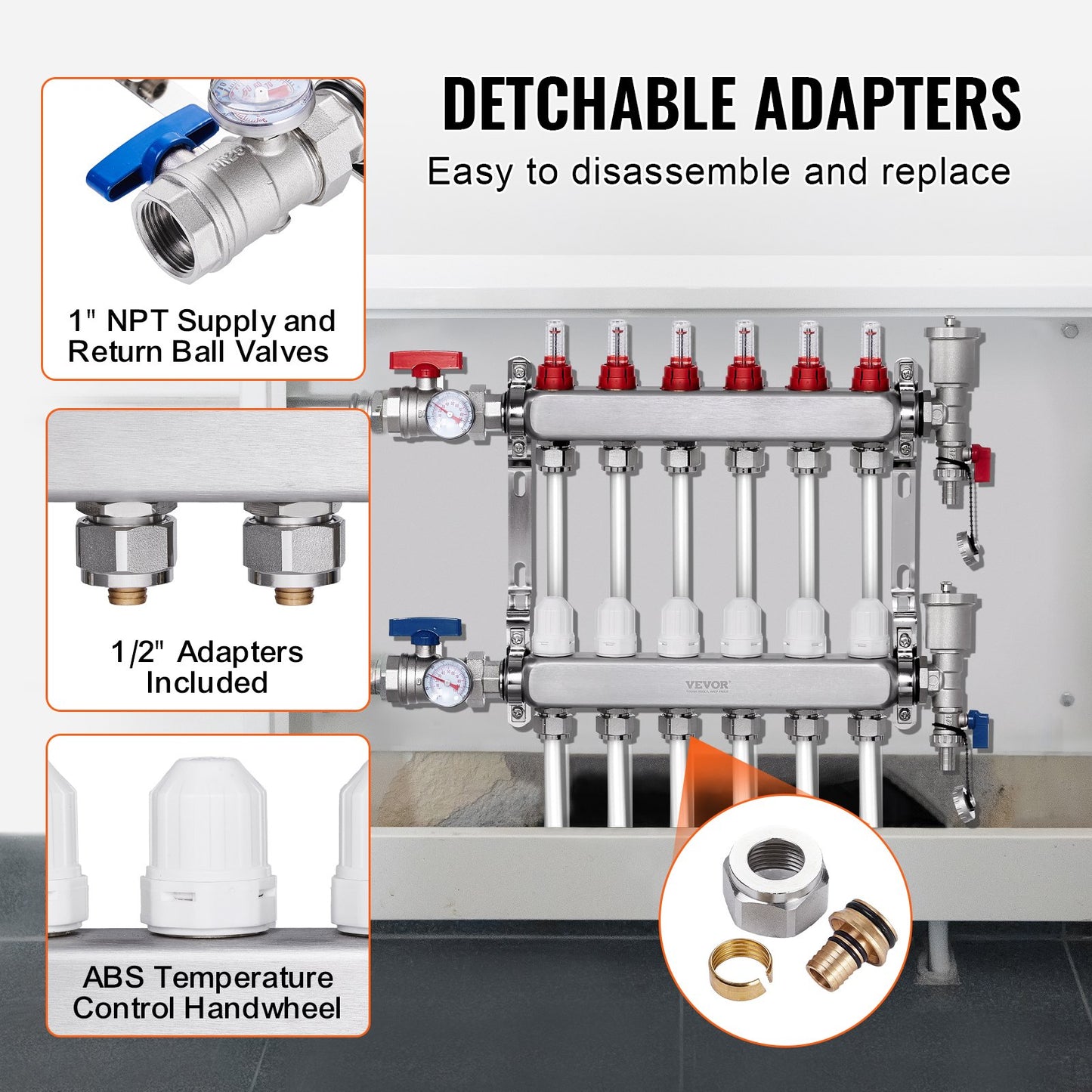 6-grenad värmestrålningsgrenrör, 1/2" PEX-rörgrenrör, PEX-grenrör i rostfritt stål för vattenburen golvvärme, PEX-grenrörssats för värmestrålning med 1/2" adaptrar ingår