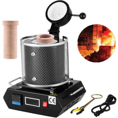 Guldsmältugn, 1350W, 1150℃ maxtemperatur, digital elektrisk smältugn, med 3 kg keramisk degel, för gjutning av ädla metaller, smälter guld, silver, aluminium