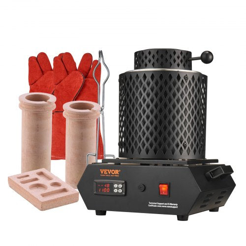 Guldsmältugn, 1350 W, 1150 °C maxtemperatur, digital elektrisk smältugn med 1 kg och 3 kg keramiska deglar, degeltång och handskar, för guld, silver, aluminium, koppar