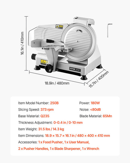 Kommersiell köttskärare, 10-tums elektrisk delikatesskärare, 180W köttskärare med ett premium 65Mn-blad, 0-0,4 tum justerbar tjocklek, matskärmaskin för kött, grönsaker, hårt bröd, ost