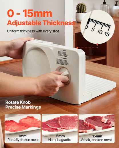 Meat Slicer, 180W Electric Deli Slicer Machine with 170 mm Sharp Blade, Home Meat-Slicer with 60-90 RPM Slicing Speed, 0-15 mm Adjustable Thickness, for Frozen Meat, Ham, Baguett & Prime Steak