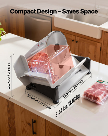 Meat Slicer, 200W Electric Deli Slicer Machine with 190 mm Sharp Blade, Home Meat-Slicer with 70-100 RPM Slicing Speed, 0-15 mm Adjustable Thickness, for Frozen Meat, Ham, Baguett & Prime Steak
