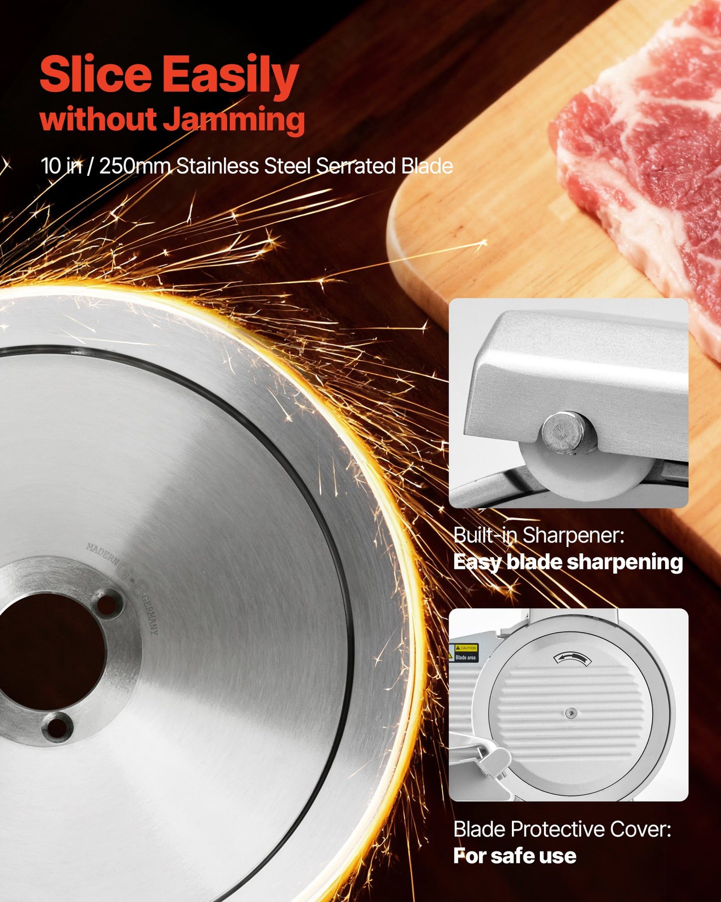 Commercial Meat Slicer, 320W Electric Deli Slicer Machine with 250 mm Sharp Blade, Meat-Slicer with 450 RPM Slicing Speed, 0-10 mm Adjustable Thickness, for Frozen Meat, Ham, Baguett & Steak