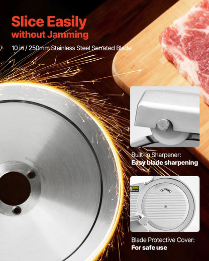 Commercial Meat Slicer, 320W Electric Deli Slicer Machine with 250 mm Sharp Blade, Meat-Slicer with 450 RPM Slicing Speed, 0-10 mm Adjustable Thickness, for Frozen Meat, Ham, Baguett & Steak