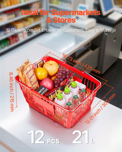 Shopping Baskets, 12 PCS, 21L Stackable PE Plastic Grocery Baskets with Metal Handles, Dense Mesh Structure, Holds up to 9.07kg, Portable for Grocery, Retail, Stores, Supermarket, Home Use, Red
