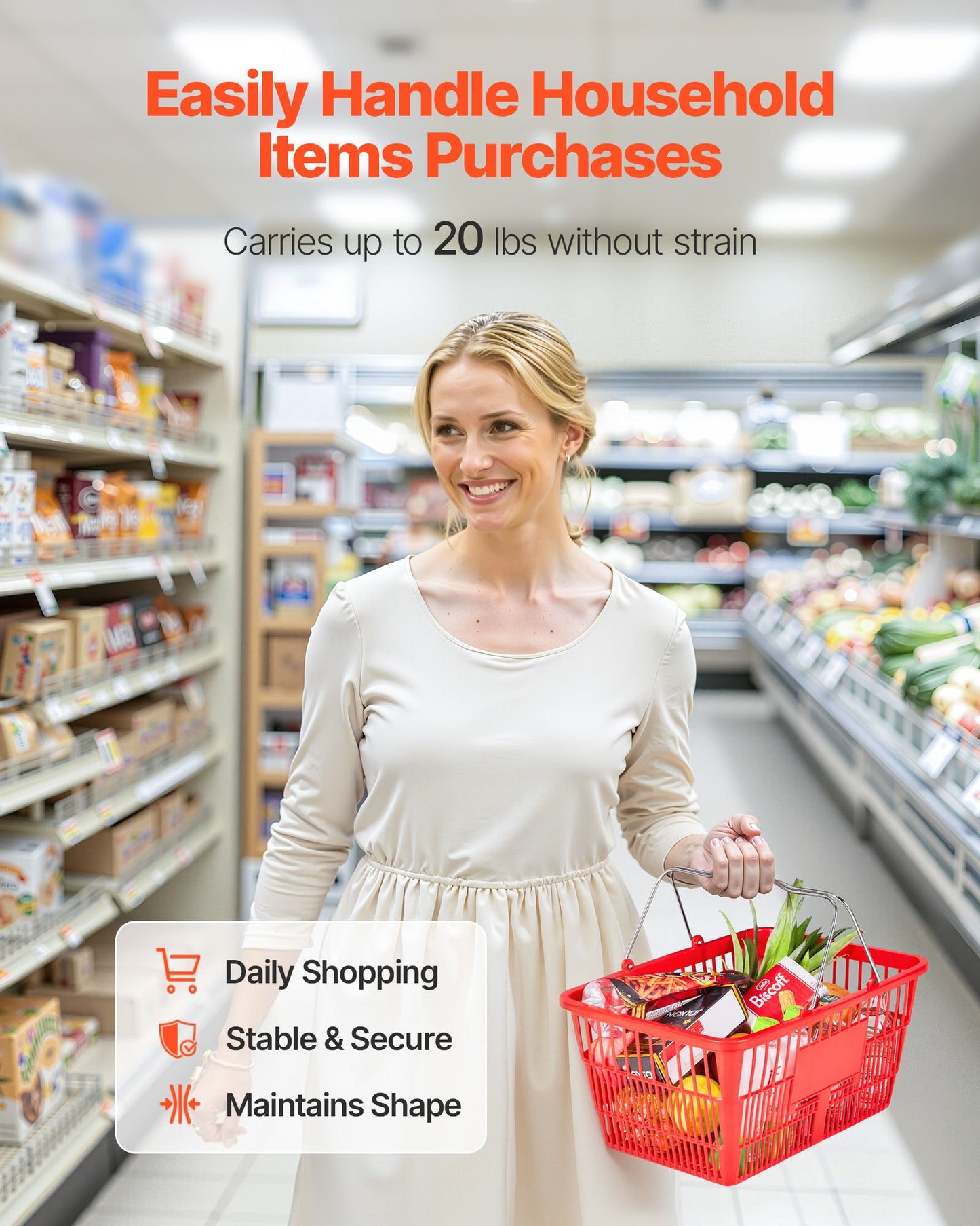 Shopping Baskets, 12 PCS, 21L Stackable PE Plastic Grocery Baskets with Metal Handles, Dense Mesh Structure, Holds up to 9.07kg, Portable for Grocery, Retail, Stores, Supermarket, Home Use, Red