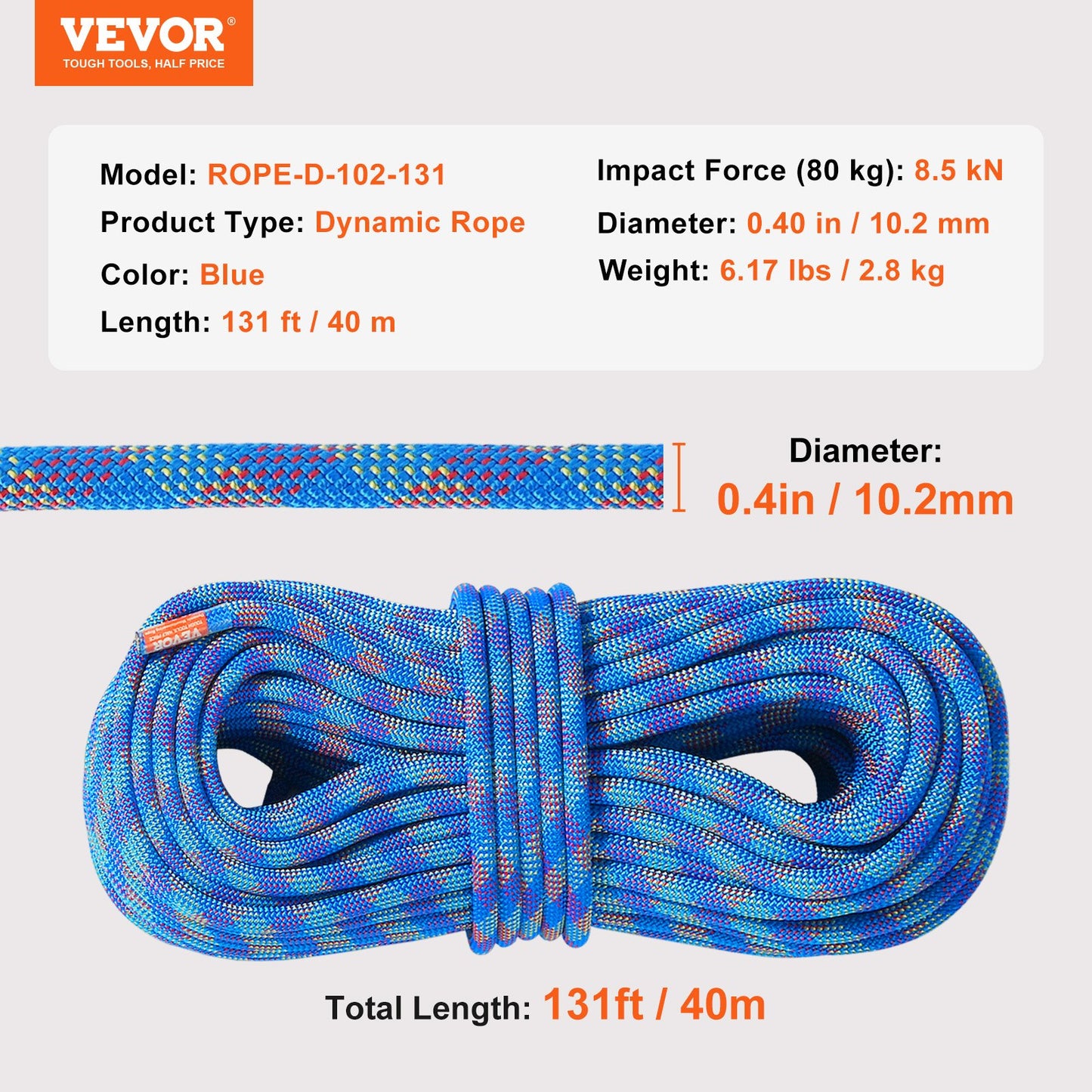 10,2 mm dynamiskt klätterrep, 40 m (131 fot) utomhusklätterrep 25 kN brottspänning, töjbart fiberrep med stålkarbinhakar för flykt, firning, brandräddning, blå