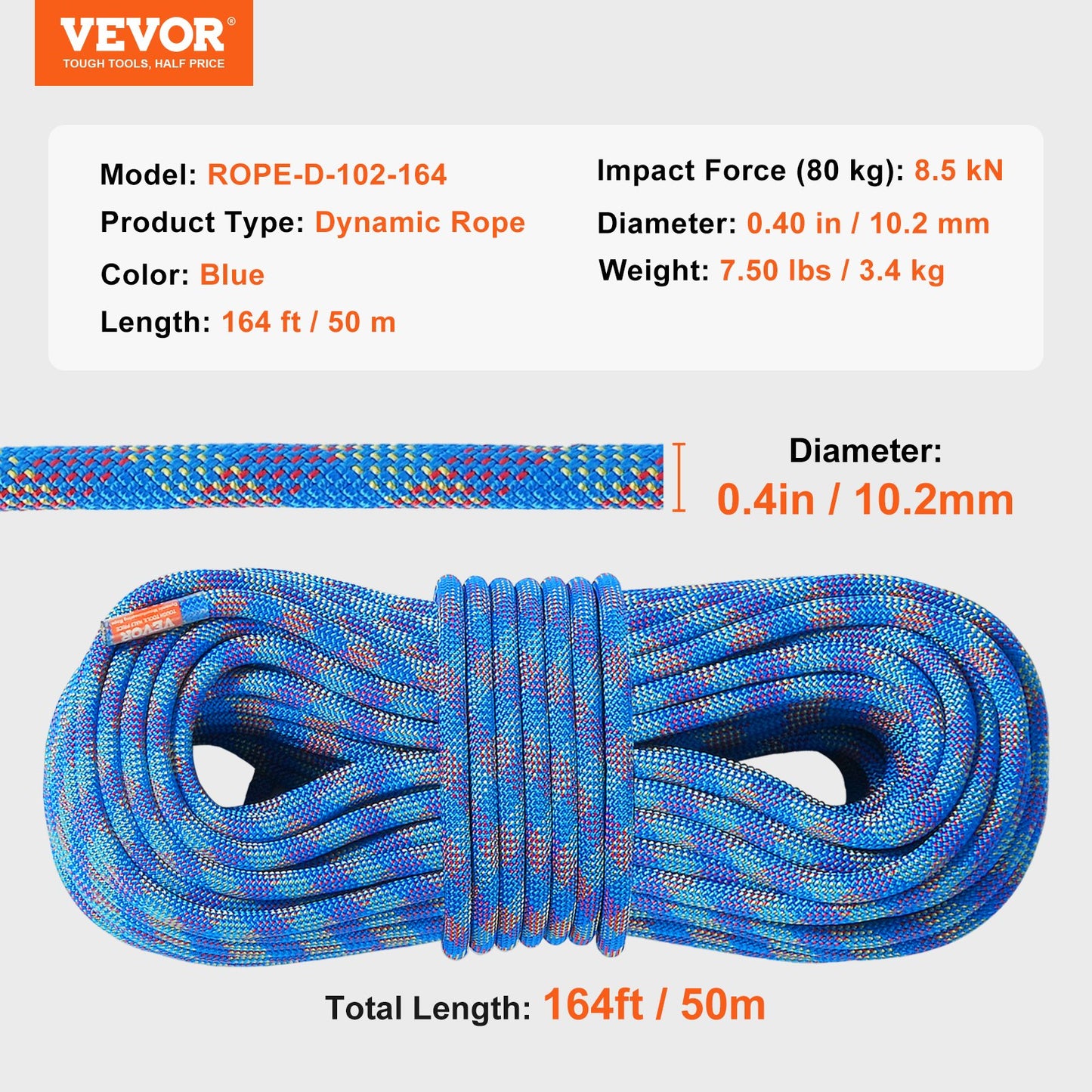 10,2 mm dynamiskt klätterrep, 50 m (164 fot) utomhusklätterrep 25 kN brottspänning, töjbart fiberrep med stålkrokar för flykt, firning, brandräddning, blå