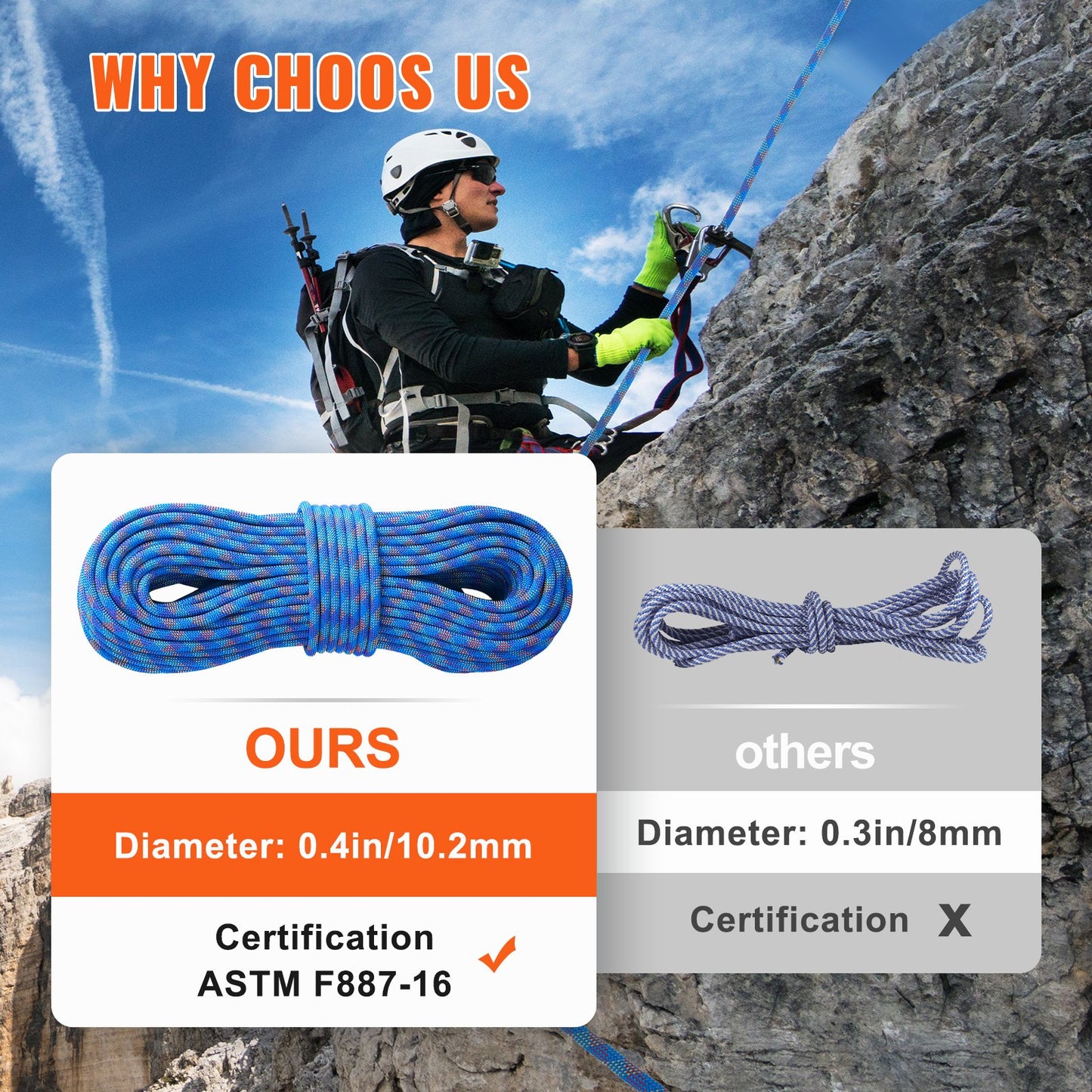 10,2 mm dynamiskt klätterrep, 60 m (197 fot) utomhusklätterrep 25 kN brottspänning, töjbart fiberrep med stålkrokar för flykt, firning, brandräddning, blå