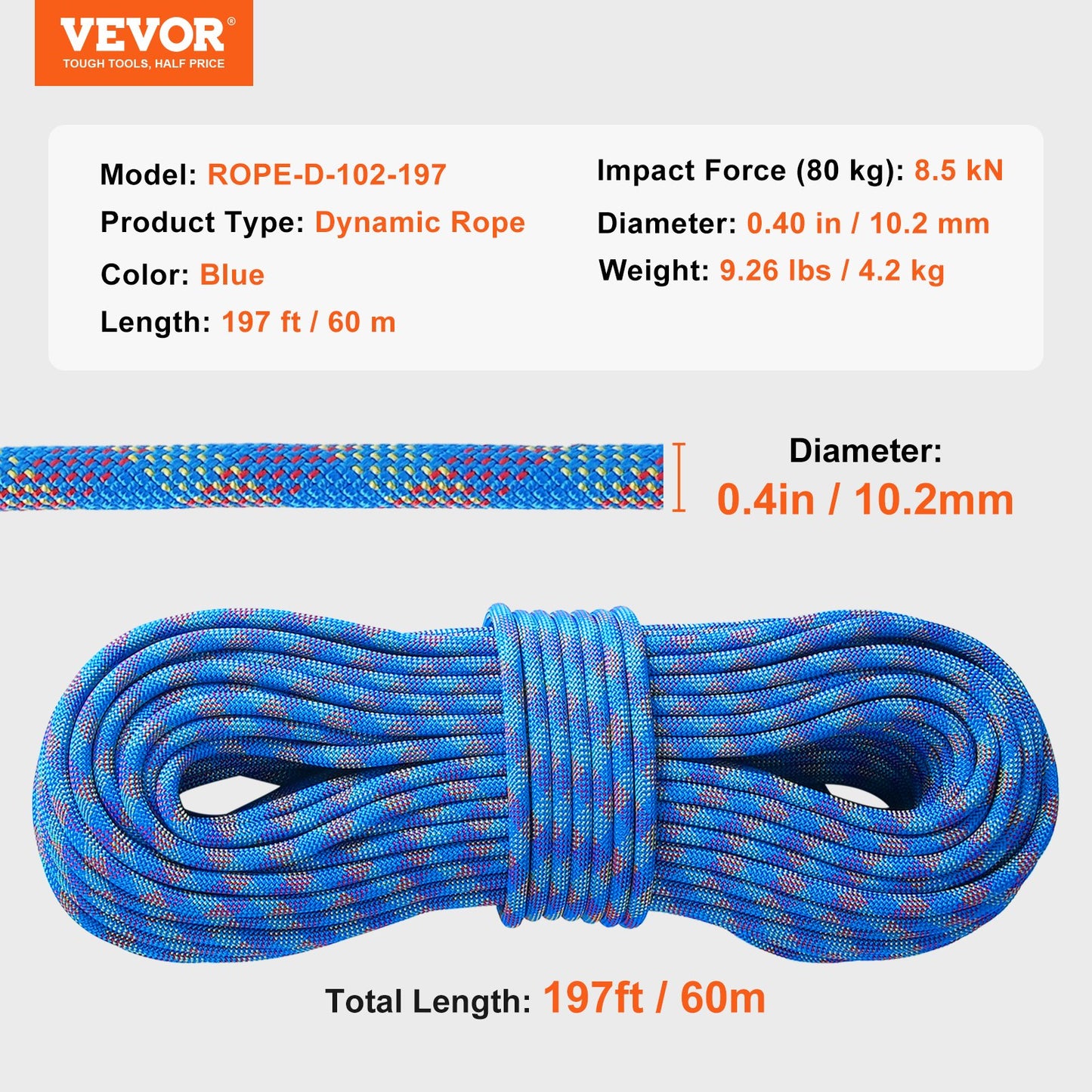 10,2 mm dynamiskt klätterrep, 60 m (197 fot) utomhusklätterrep 25 kN brottspänning, töjbart fiberrep med stålkrokar för flykt, firning, brandräddning, blå