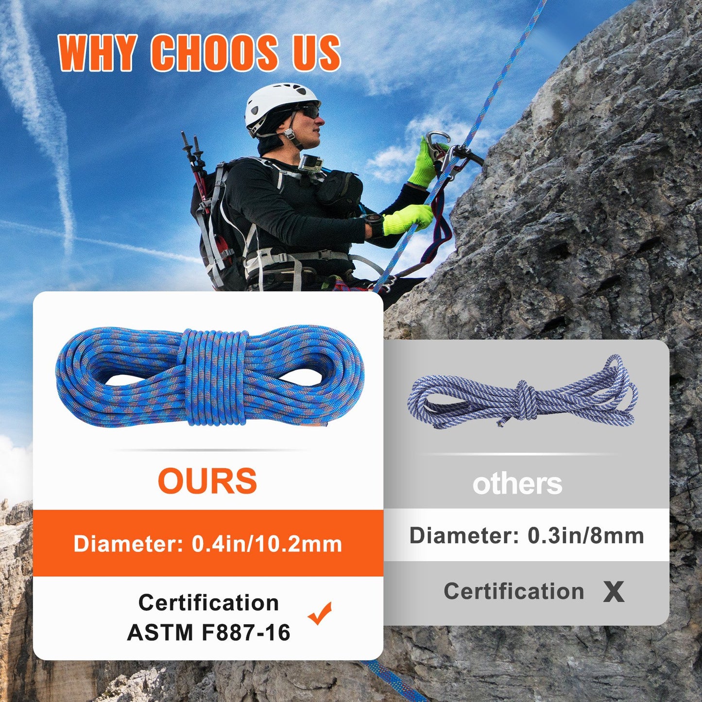 10,2 mm dynamiskt klätterrep, 70 m (230 fot) utomhusklätterrep 25 kN brottspänning, töjbart fiberrep med stålkrokar för flykt, firning, brandräddning, blå