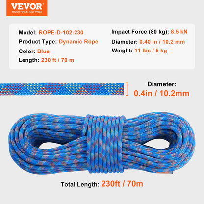 10,2 mm dynamiskt klätterrep, 70 m (230 fot) utomhusklätterrep 25 kN brottspänning, töjbart fiberrep med stålkrokar för flykt, firning, brandräddning, blå
