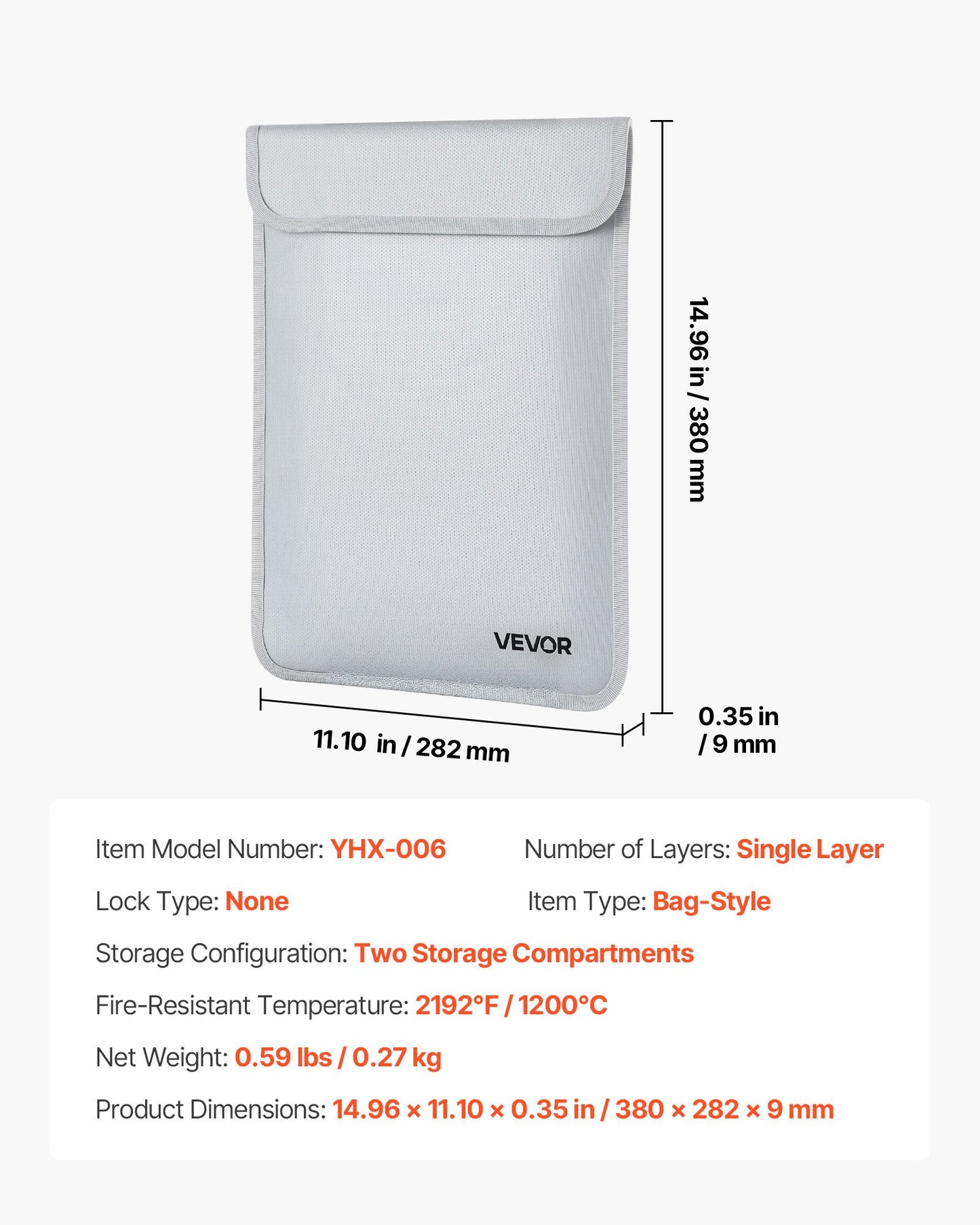 Brandsäker dokumentväska, 1200 ℉ värmeisolerad brandsäker och vattentät väska med slät dragkedja, bärbar filförvaringsorganisatör för hemmakontor och resor, för pass, viktiga dokument, filer