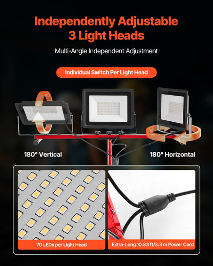 LED Work Light with Stand, 15000 Lumens, Three-Head Portable Camping Light with Individual Switch, Tripod Stand, 3.3 m Power Cord, for Indoor Outdoor Job Site Construction, IP65 Waterproof