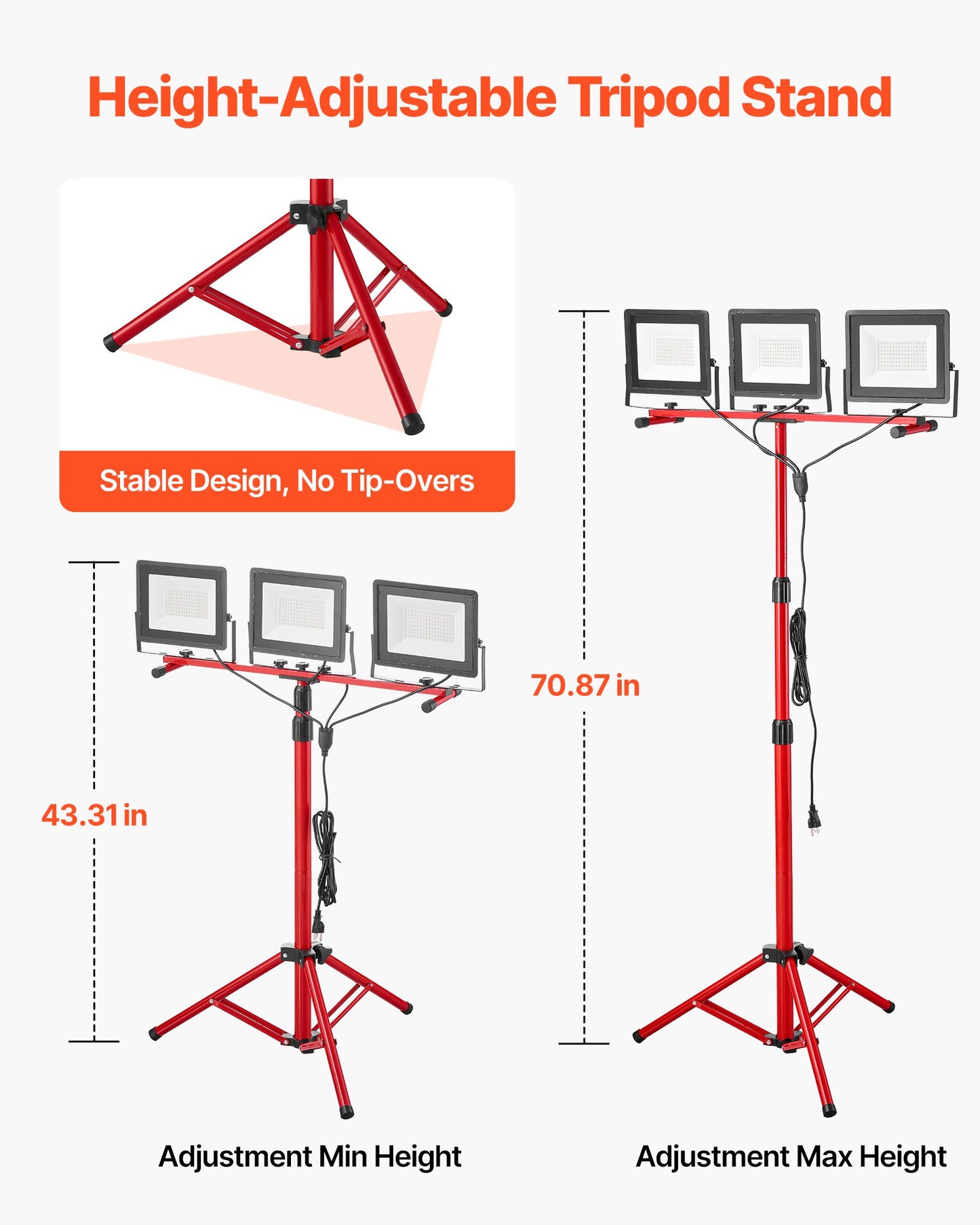 LED Work Light with Stand, 15000 Lumens, Three-Head Portable Camping Light with Individual Switch, Tripod Stand, 3.3 m Power Cord, for Indoor Outdoor Job Site Construction, IP65 Waterproof