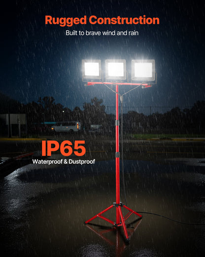 LED Work Light with Stand, 15000 Lumens, Three-Head Portable Camping Light with Individual Switch, Tripod Stand, 3.3 m Power Cord, for Indoor Outdoor Job Site Construction, IP65 Waterproof