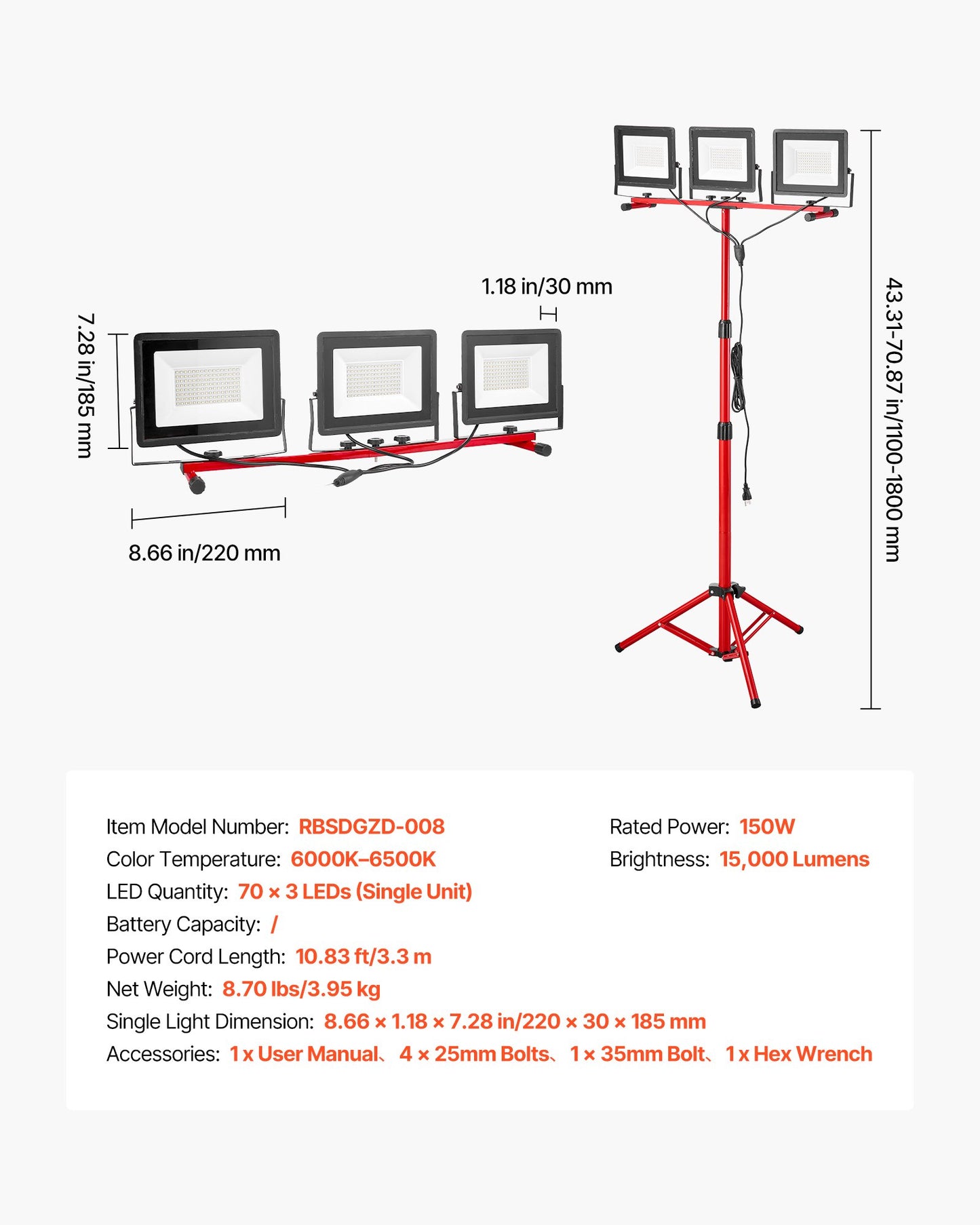LED Work Light with Stand, 15000 Lumens, Three-Head Portable Camping Light with Individual Switch, Tripod Stand, 3.3 m Power Cord, for Indoor Outdoor Job Site Construction, IP65 Waterproof