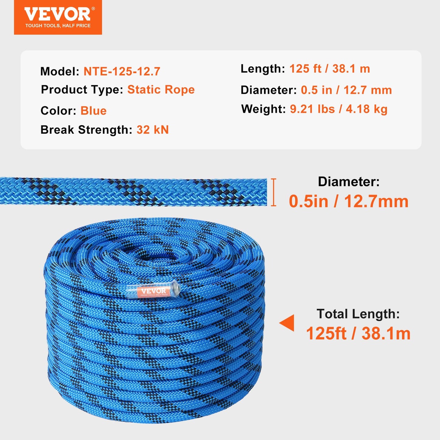 12,7 mm statiskt klätterrep, 38 m (125 fot) utomhusklätterrep 30 kN brottspänning, fiberrep med stålkarbinhakar för flykt, firning, brandräddning, blå
