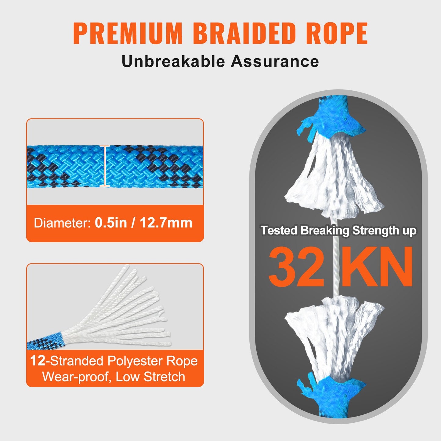 12,7 mm statiskt klätterrep, 60,9 m (200 fot) utomhusklätterrep, 30 kN brottspänning, fiberrep för flykt, firning, brandräddning, blått