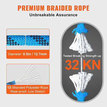12,7 mm statiskt klätterrep, 60,9 m (200 fot) utomhusklätterrep, 30 kN brottspänning, fiberrep för flykt, firning, brandräddning, blått