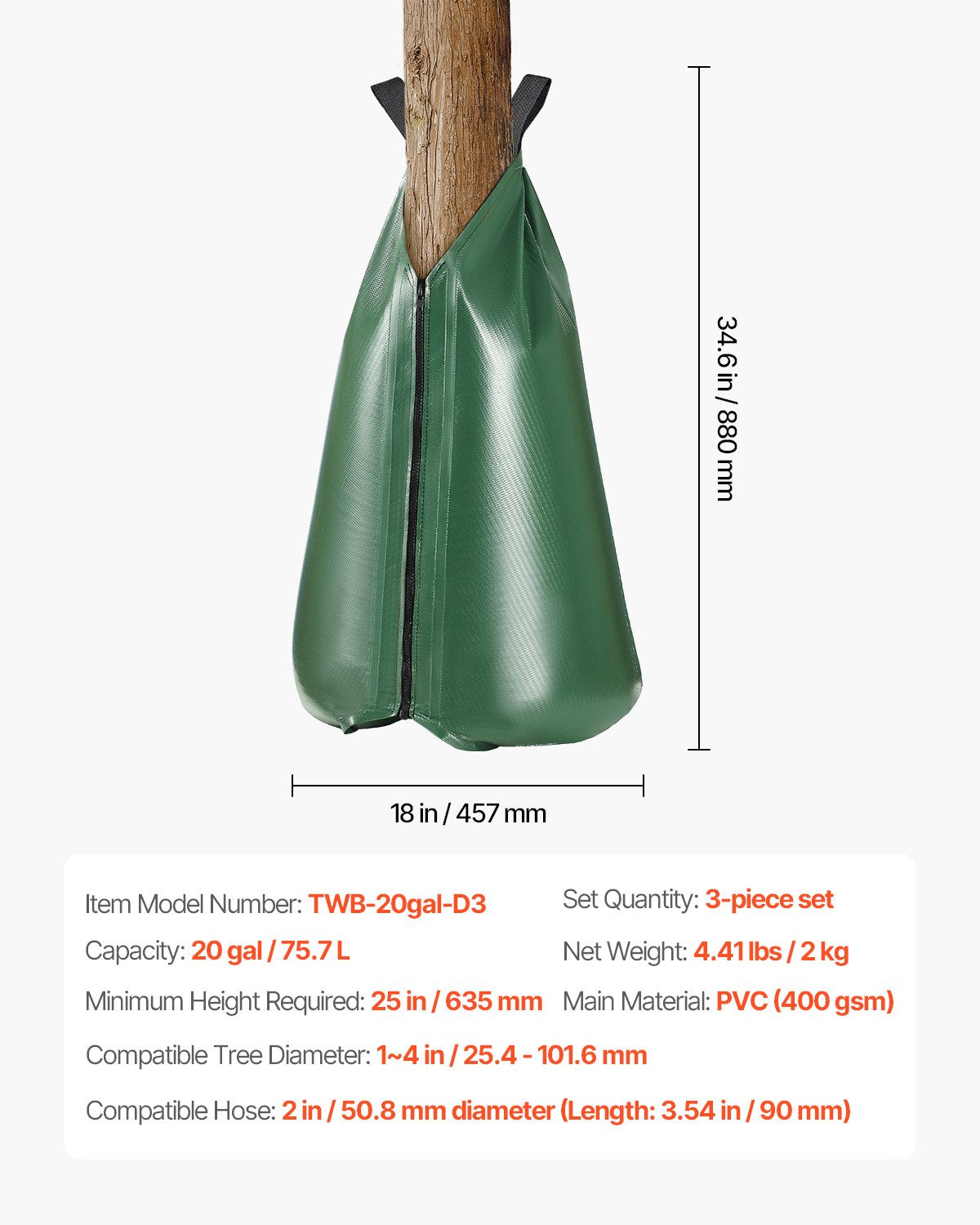 Trädbevattningspåse, 3-pack 20 gallons bevattningspåsar för nya träd, 5-9 timmars långsam frisättning, återfyllningsbara droppbevattningspåsar för träd med dragkedja, hållbart trädbevattningssystem för djup rotbevattning