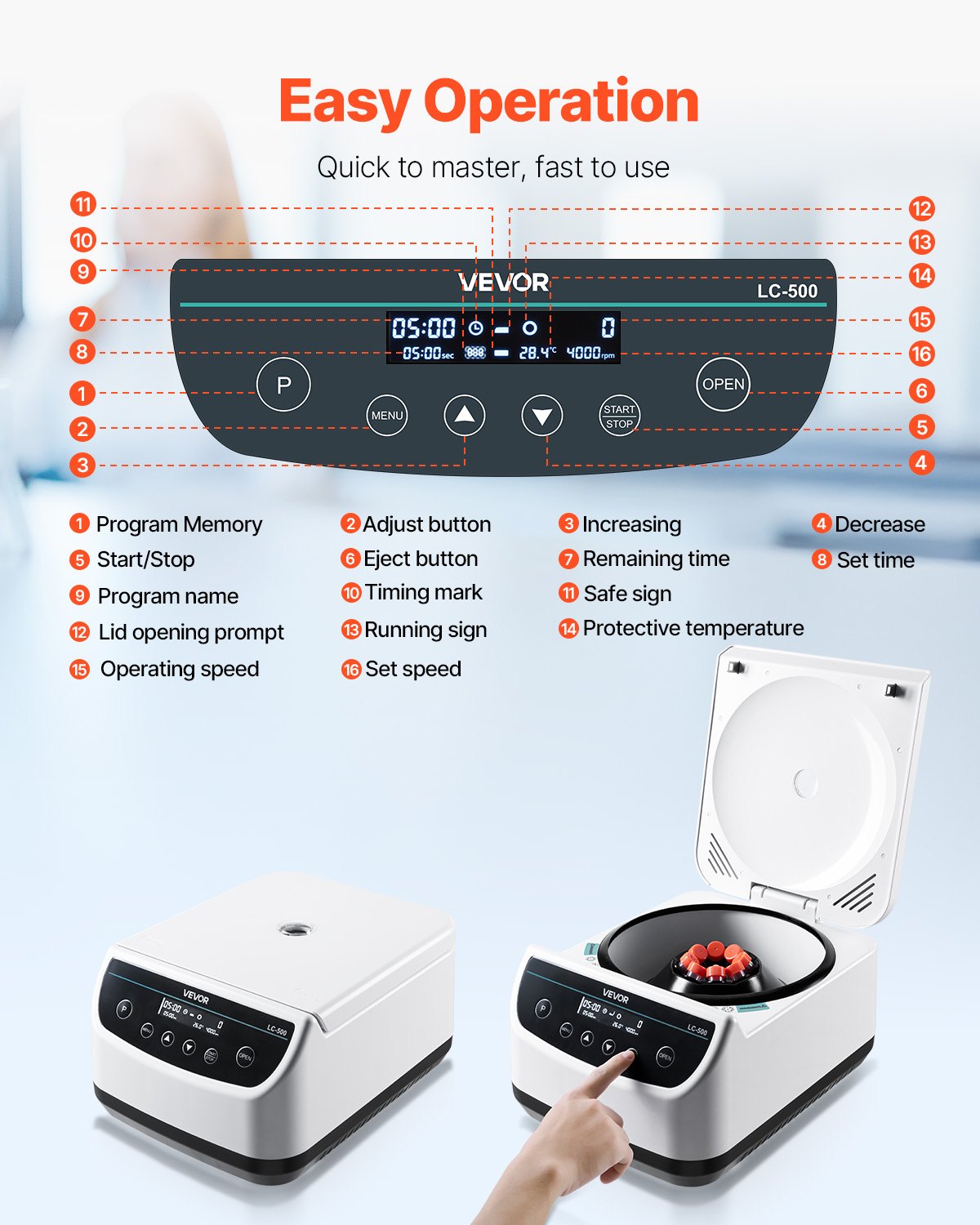 Centrifugmaskin, 100-1900xg RCF elektrisk laboratoriecentrifugmaskin med 1 rotor för 2/5/10/15 ml rörkapacitet, låg hastighet 500-4000 rpm med timer, används ofta i olika experiment
