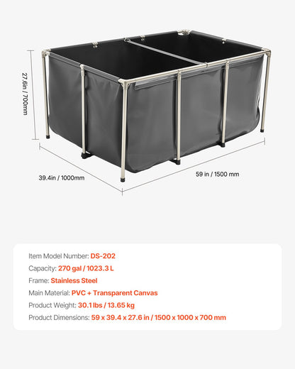 Fiskdamm i kanvas, 270 gallon ovanmarksdamm, PVC-koi-akvarie med genomskinlig panel, rektangulärt guldfiskakvarie med ram i rostfritt stål och dräneringsventil, för koi-odling, bevattning (svart)