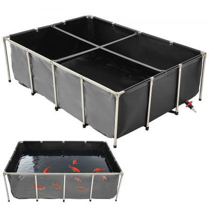 Fiskdamm i kanvas, 190 liter ovanmarksdamm, koi-akvarie i PVC med genomskinlig panel, rektangulärt akvarium för guldfiskar med ram i rostfritt stål och dräneringsventil, för koi-odling, bevattning (svart)