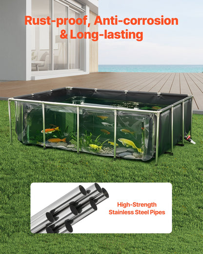 Fiskdamm i kanvas, 190 liter ovanmarksdamm, koi-akvarie i PVC med genomskinlig panel, rektangulärt akvarium för guldfiskar med ram i rostfritt stål och dräneringsventil, för koi-odling, bevattning (svart)