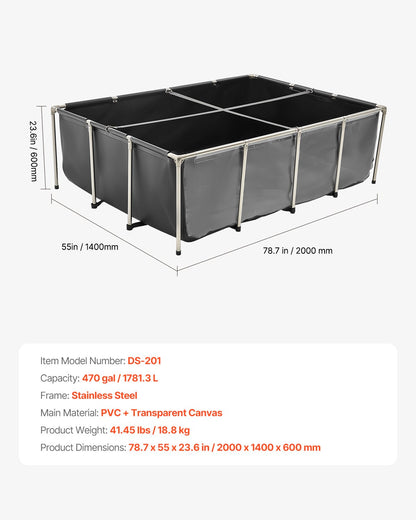 Fiskdamm i kanvas, 190 liter ovanmarksdamm, koi-akvarie i PVC med genomskinlig panel, rektangulärt akvarium för guldfiskar med ram i rostfritt stål och dräneringsventil, för koi-odling, bevattning (svart)