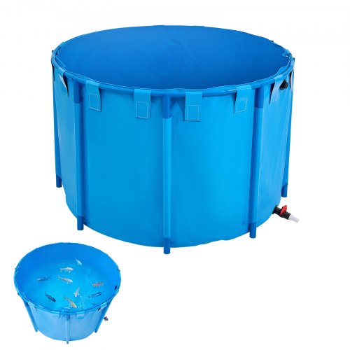 Fiskdamm i kanvas, kapacitet 448,8 gallon ovanmarksdamm, hopfällbar PVC-koi-akvarie, rund guldfiskakvarie med stabil ram och dräneringsventil, för vattenbruk, koi-odling och bevattning (blå)