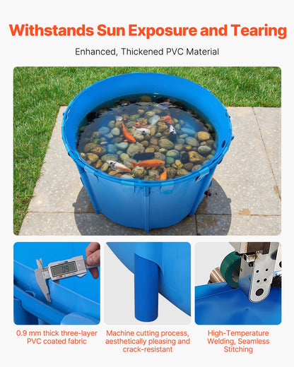 Fiskdamm i kanvas, kapacitet 448,8 gallon ovanmarksdamm, hopfällbar PVC-koi-akvarie, rund guldfiskakvarie med stabil ram och dräneringsventil, för vattenbruk, koi-odling och bevattning (blå)