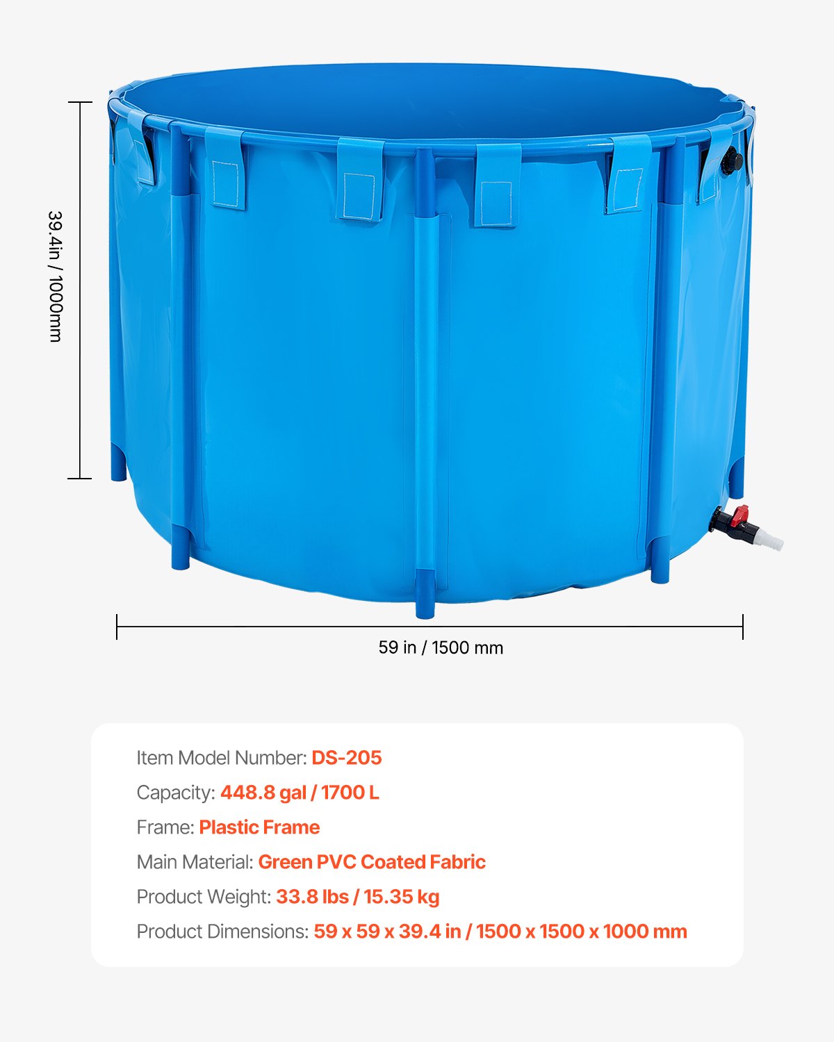 Fiskdamm i kanvas, kapacitet 448,8 gallon ovanmarksdamm, hopfällbar PVC-koi-akvarie, rund guldfiskakvarie med stabil ram och dräneringsventil, för vattenbruk, koi-odling och bevattning (blå)