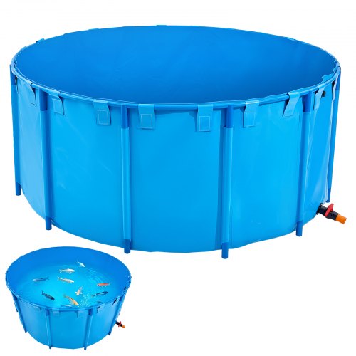 Fiskdamm i kanvas, 1320 gallons kapacitet ovan mark, hopfällbar PVC-koi-akvarie, rund guldfiskakvarie med stabil ram och dräneringsventil, för vattenbruk, koi-odling och bevattning (blå)