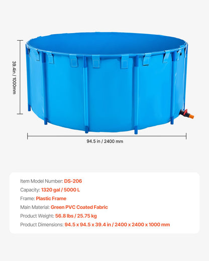 Fiskdamm i kanvas, 1320 gallons kapacitet ovan mark, hopfällbar PVC-koi-akvarie, rund guldfiskakvarie med stabil ram och dräneringsventil, för vattenbruk, koi-odling och bevattning (blå)