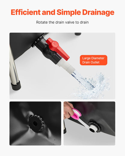 Fiskdamm i kanvas, 126,8 gallon ovanmarksdamm, PVC-koi-akvarie med genomskinlig panel, rektangulärt guldfiskakvarie med ram i rostfritt stål och dräneringsventil, för koi-odling, bevattning (svart)