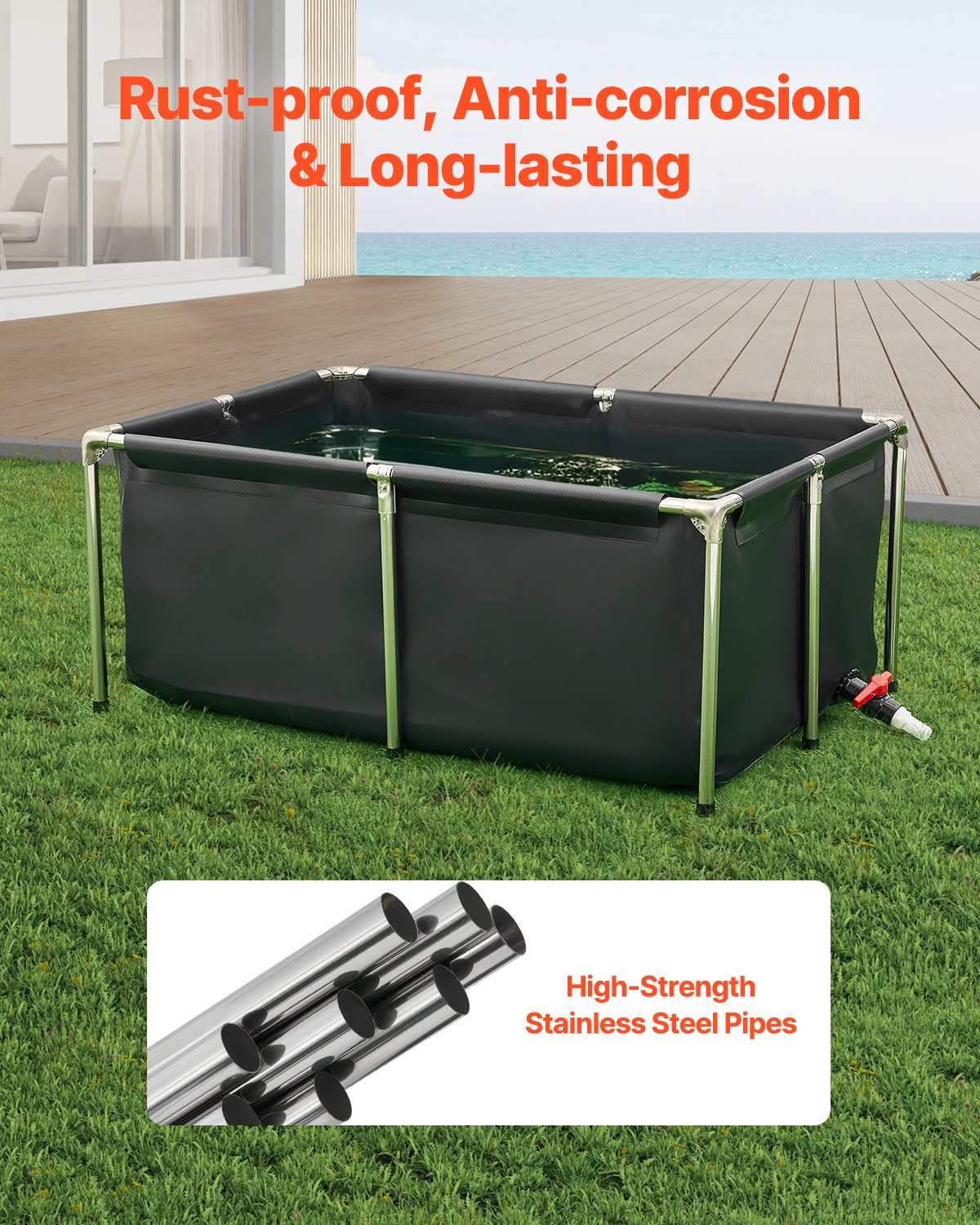 Fiskdamm i kanvas, 126,8 gallon ovanmarksdamm, hopfällbar PVC-koi-akvarie, rektangulärt guldfiskakvarie med stabil ram och dräneringsventil, för vattenbruk, koi-odling och bevattning (svart)