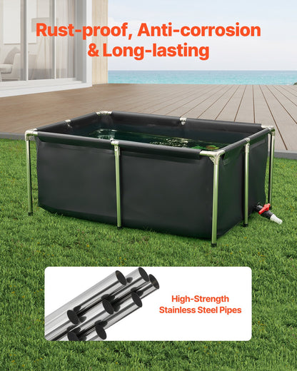 Fiskdamm i kanvas, 126,8 gallon ovanmarksdamm, hopfällbar PVC-koi-akvarie, rektangulärt guldfiskakvarie med stabil ram och dräneringsventil, för vattenbruk, koi-odling och bevattning (svart)
