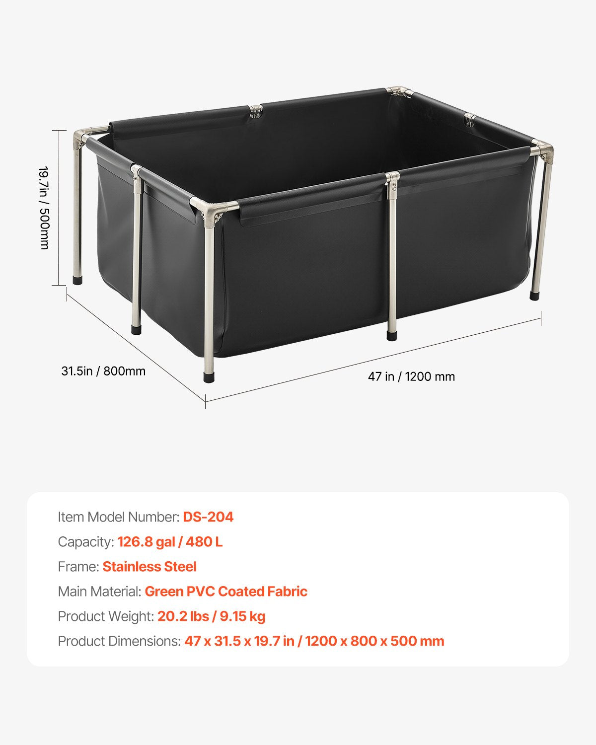 Fiskdamm i kanvas, 126,8 gallon ovanmarksdamm, hopfällbar PVC-koi-akvarie, rektangulärt guldfiskakvarie med stabil ram och dräneringsventil, för vattenbruk, koi-odling och bevattning (svart)