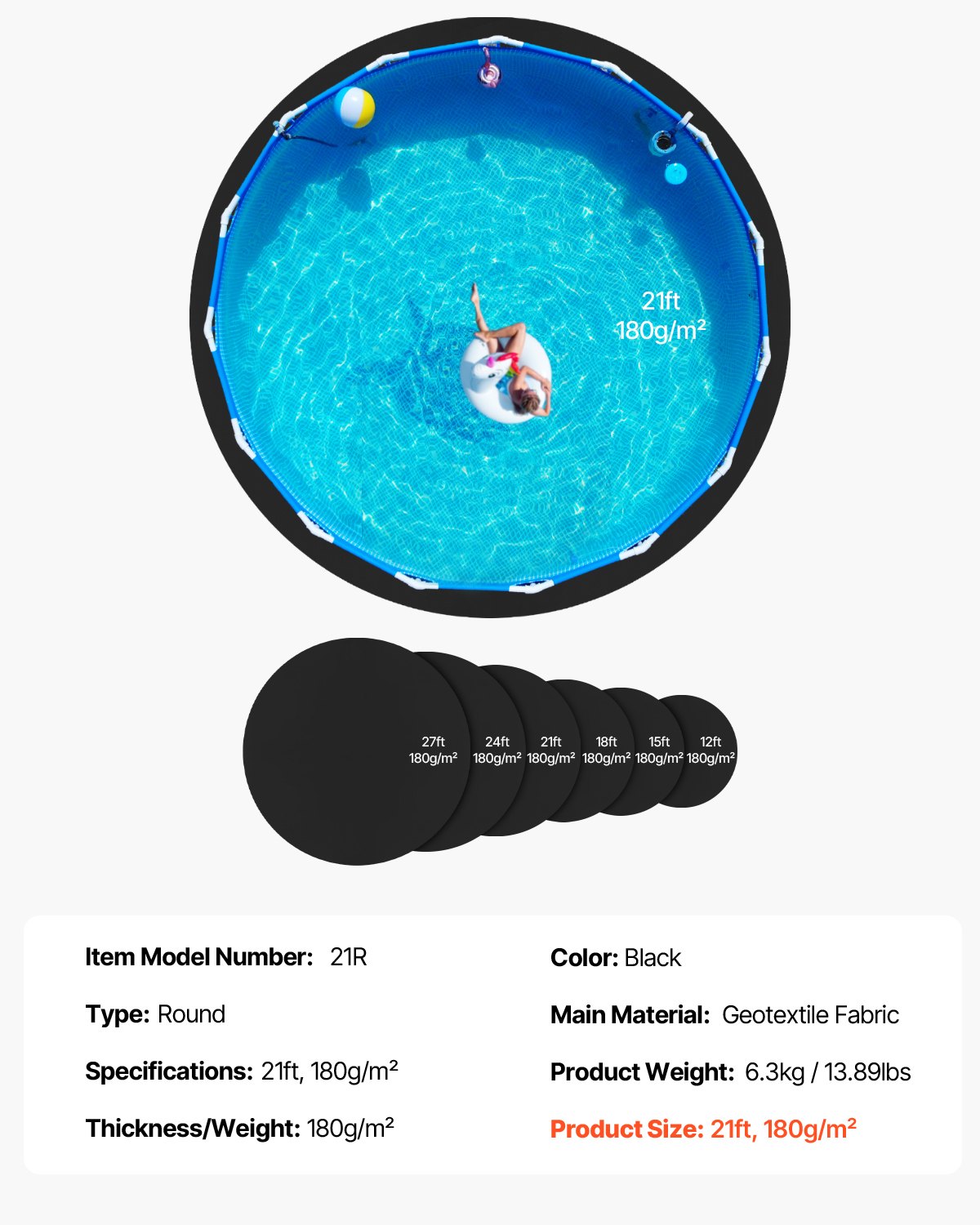 21 fot rund poolmatta, poolmatta för ovanmarkspooler, extra tjock poolmatta, förhindrar punkteringar, underlag av återvunnet geotextilmaterial, förlänger fodrets livslängd